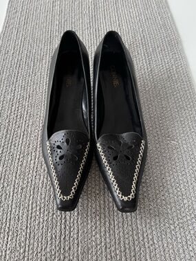 Vintage 90s Connie Black White Stitching Pointed Toe Loafer Kitten Heels Sz 8.5